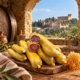 Cacciatore in cera d’api con favo su un tagliere, in una cantina con vista sul Castello di Gradara