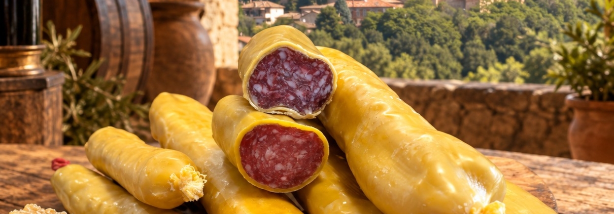 Salame in cera d’api su un tagliere con favo, in una cantina con vista sul Castello di Gradara