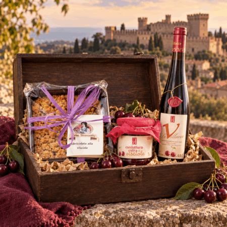 Lo Scrigno di Visciole con confettura, vino, sbriciolata e visciole davanti al Castello di Gradara