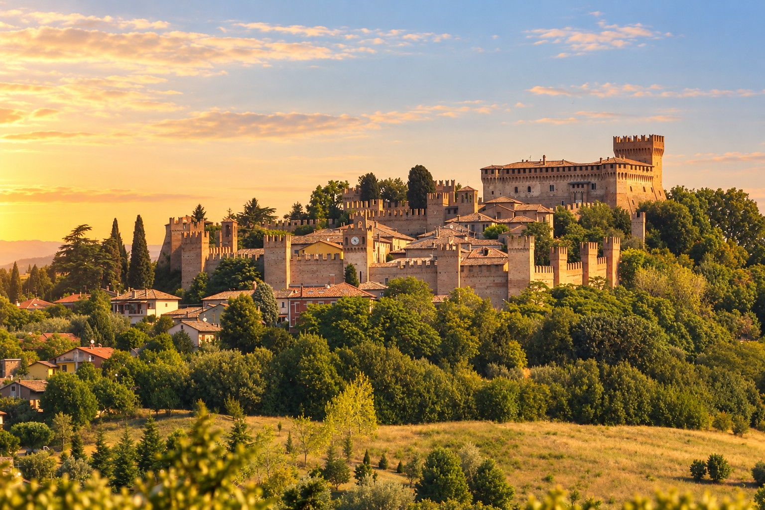 Castello e borgo di Gradara nella luce dorata del tramonto